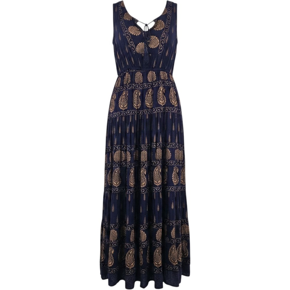 Boho Navy Gold Paisley Block Print Sleeveless Maxi Dress L Hippie Festival